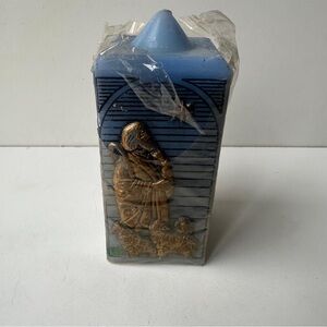 Vintage Jasco Holiday Elegance Blue Pillar Candle Nativity Shepherd Gold Relief